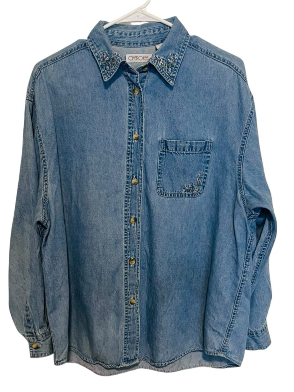 Vintage Cherokee Denim Embroidered Floral Button Up Shirt Women’s XL Faded Blue